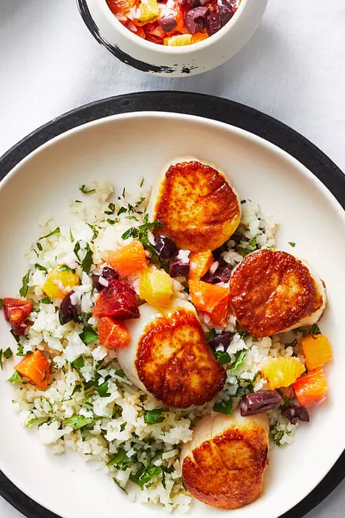 Citrus Salsa Scallops & Cauliflower Rice