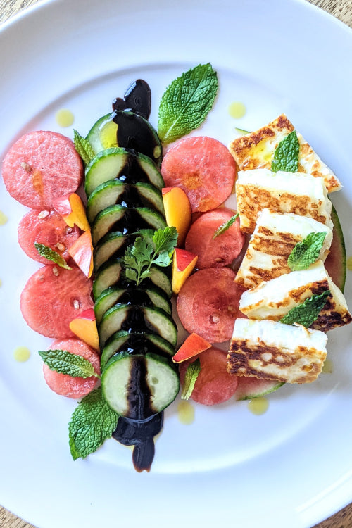 Grilled Halloumi, Watermelon & Nectarine Salad w/Balsamic Glaze
