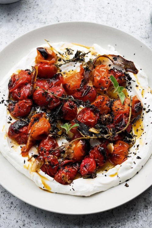 Hot Charred Cherry Tomatoes with Cold Yogurt