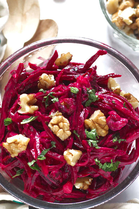 Sweet & Tangy Raw Beet, Basil & Walnut Salad